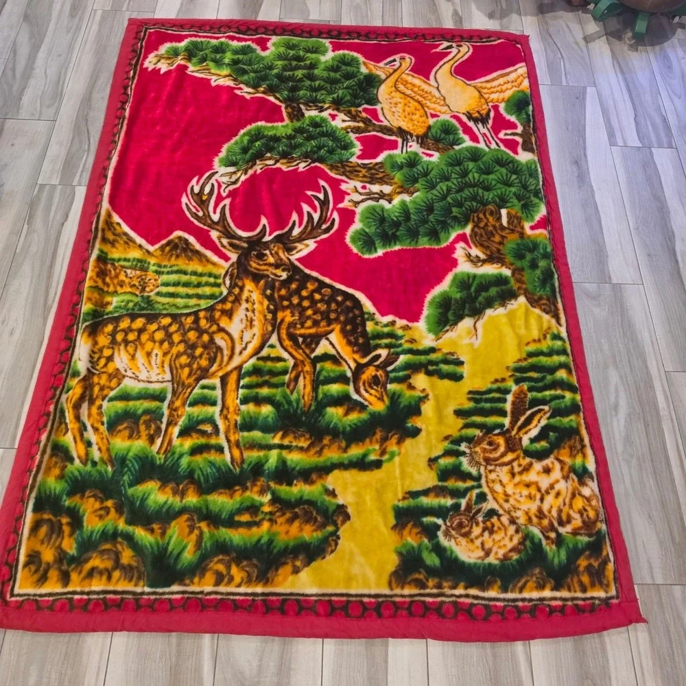 Vintage Choioka Korean Mink Blanket Reversible Deer Crane Floral Red Heavy Plush